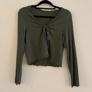green tie front sweater